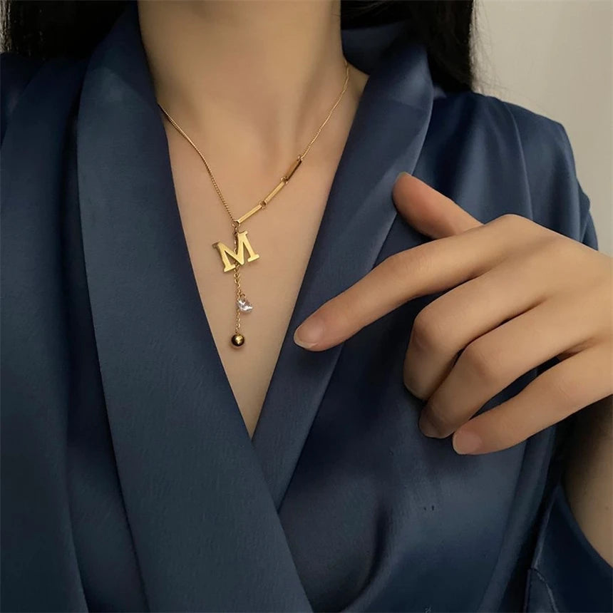 Letter M Zircon Tassel Necklace - Gold Stainless Steel Pendant