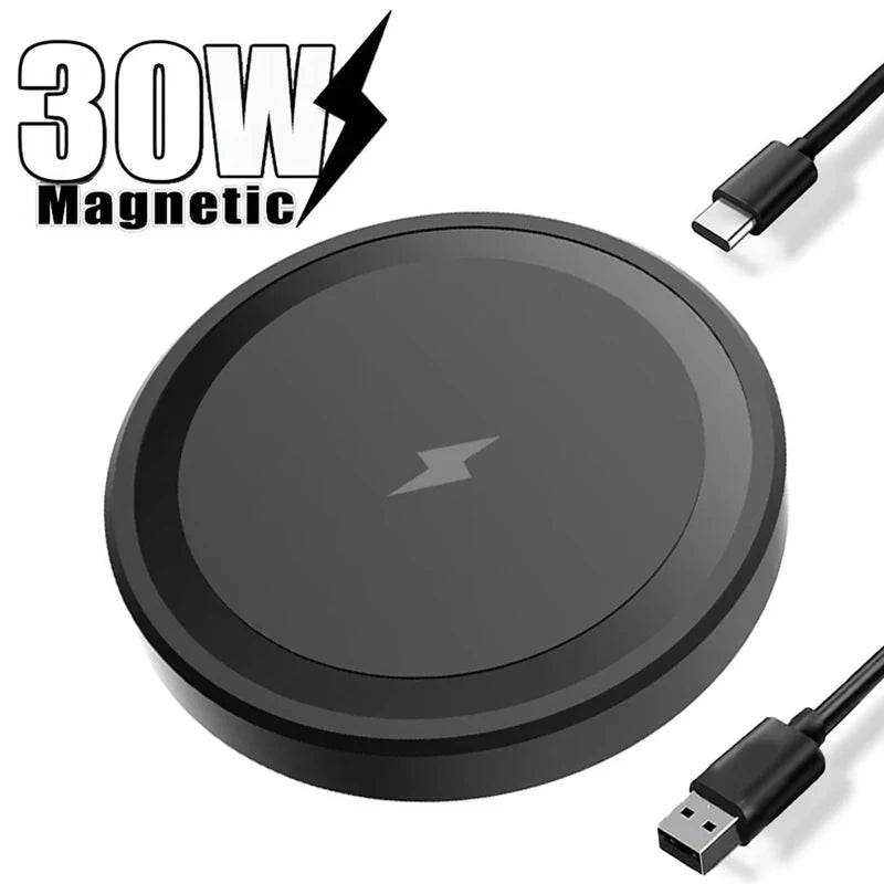 Black wireless charging pad with USB cable and '30W Magnetic' | The Tottos