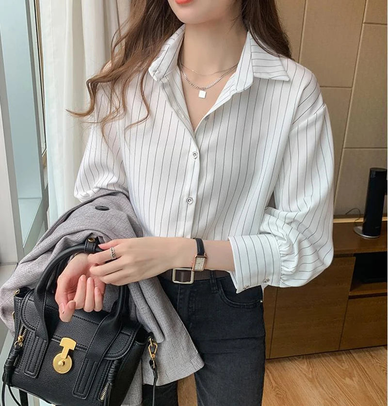 Women's Classic Striped Button-Down Shirt - Long Sleeve Office Blouse