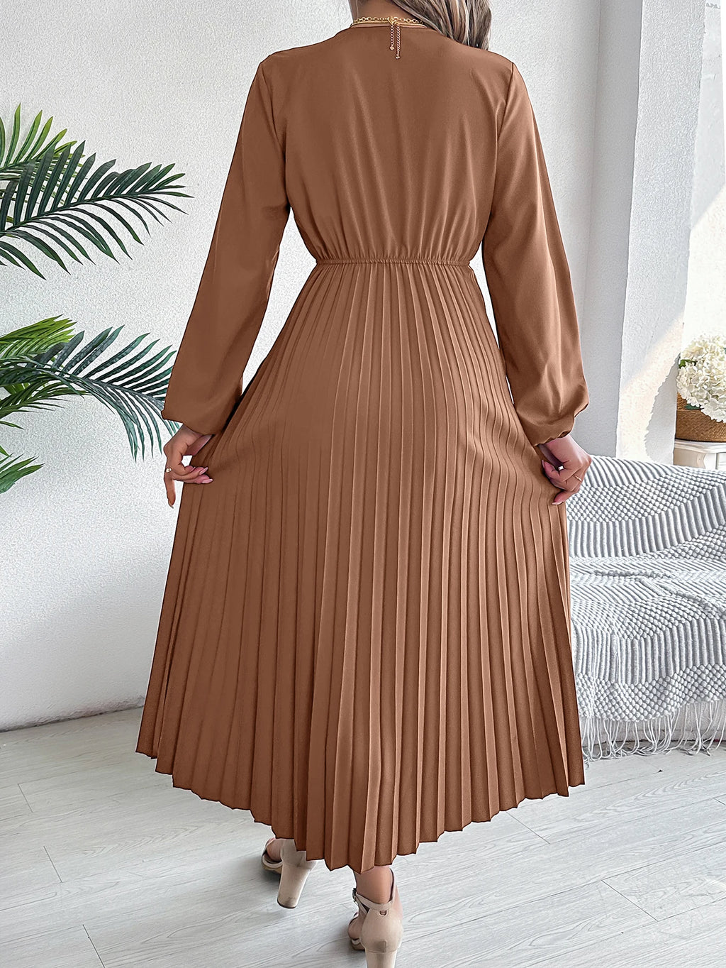 Women's Elegant V-Neck Pleated Maxi Dress - High Waist Autumn Winter Dress | The Tottos