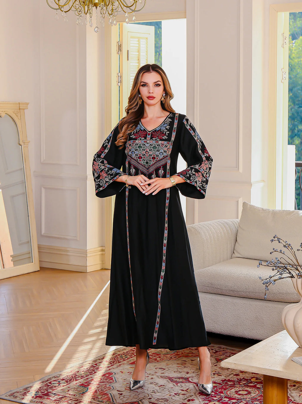 Women's Elegant Embroidered Abaya - Long Sleeve Dubai Muslim Dress with Diamond Details | The Tottos