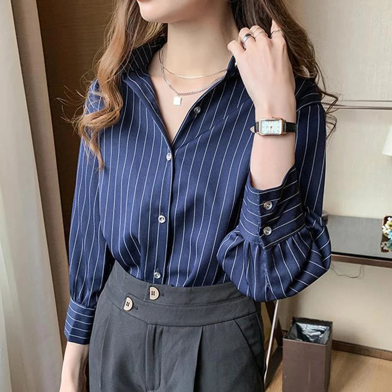 Women's Classic Striped Button-Down Shirt - Long Sleeve Office Blouse
