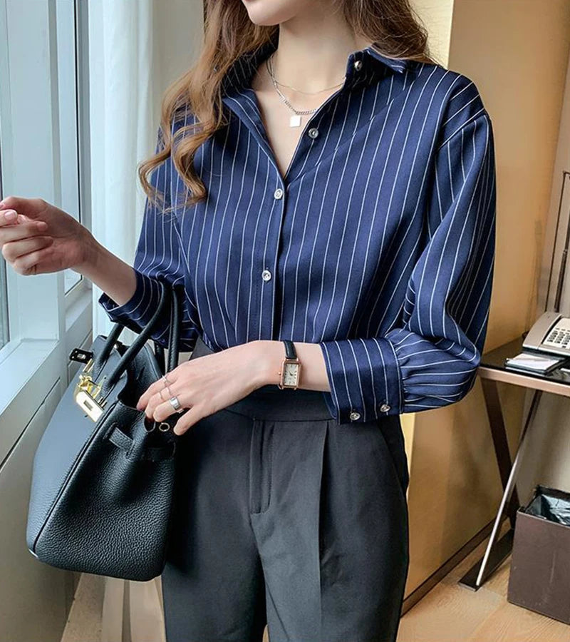Women's Classic Striped Button-Down Shirt - Long Sleeve Office Blouse