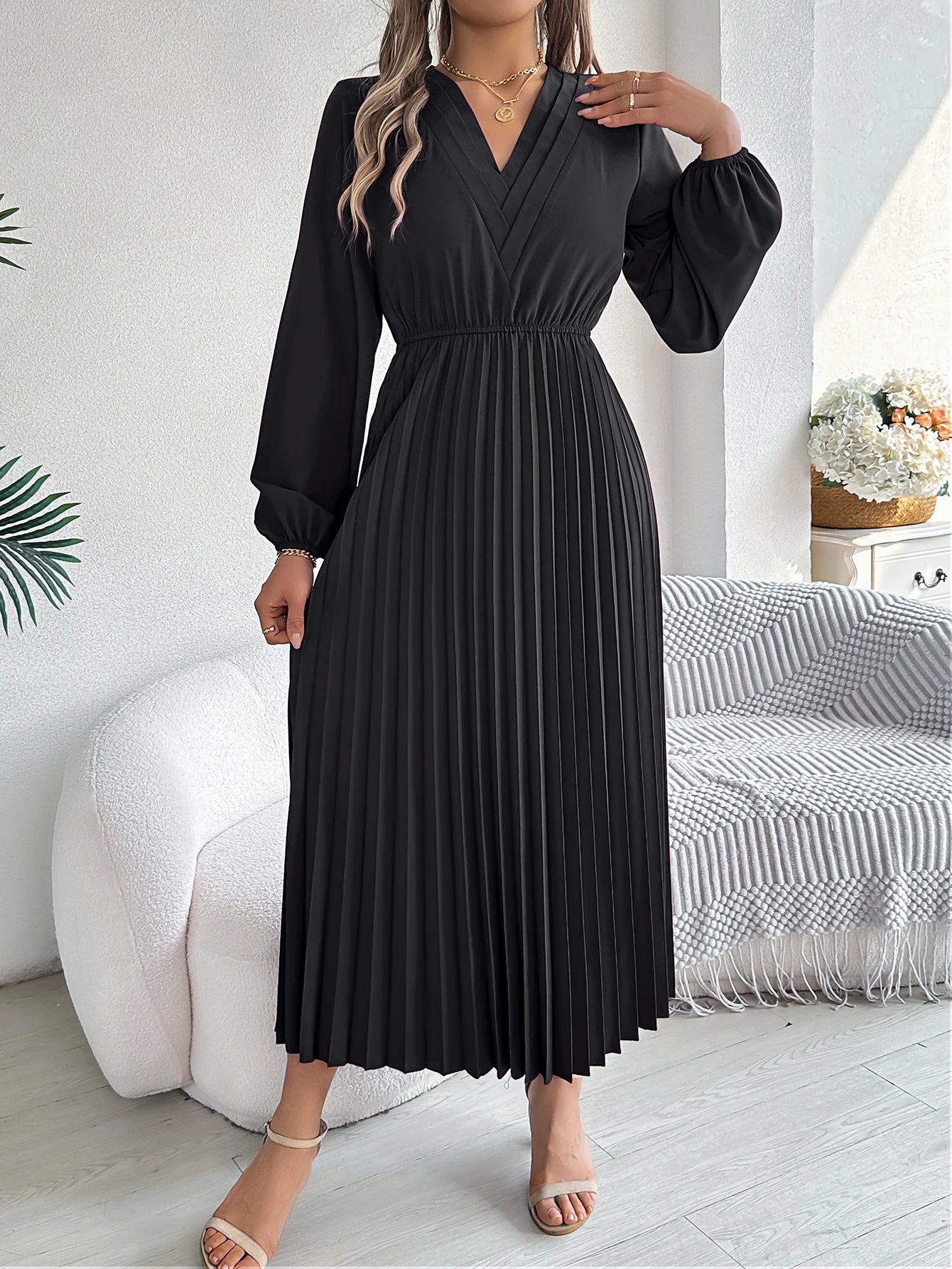 Women's Elegant V-Neck Pleated Maxi Dress - High Waist Autumn Winter Dress | The Tottos