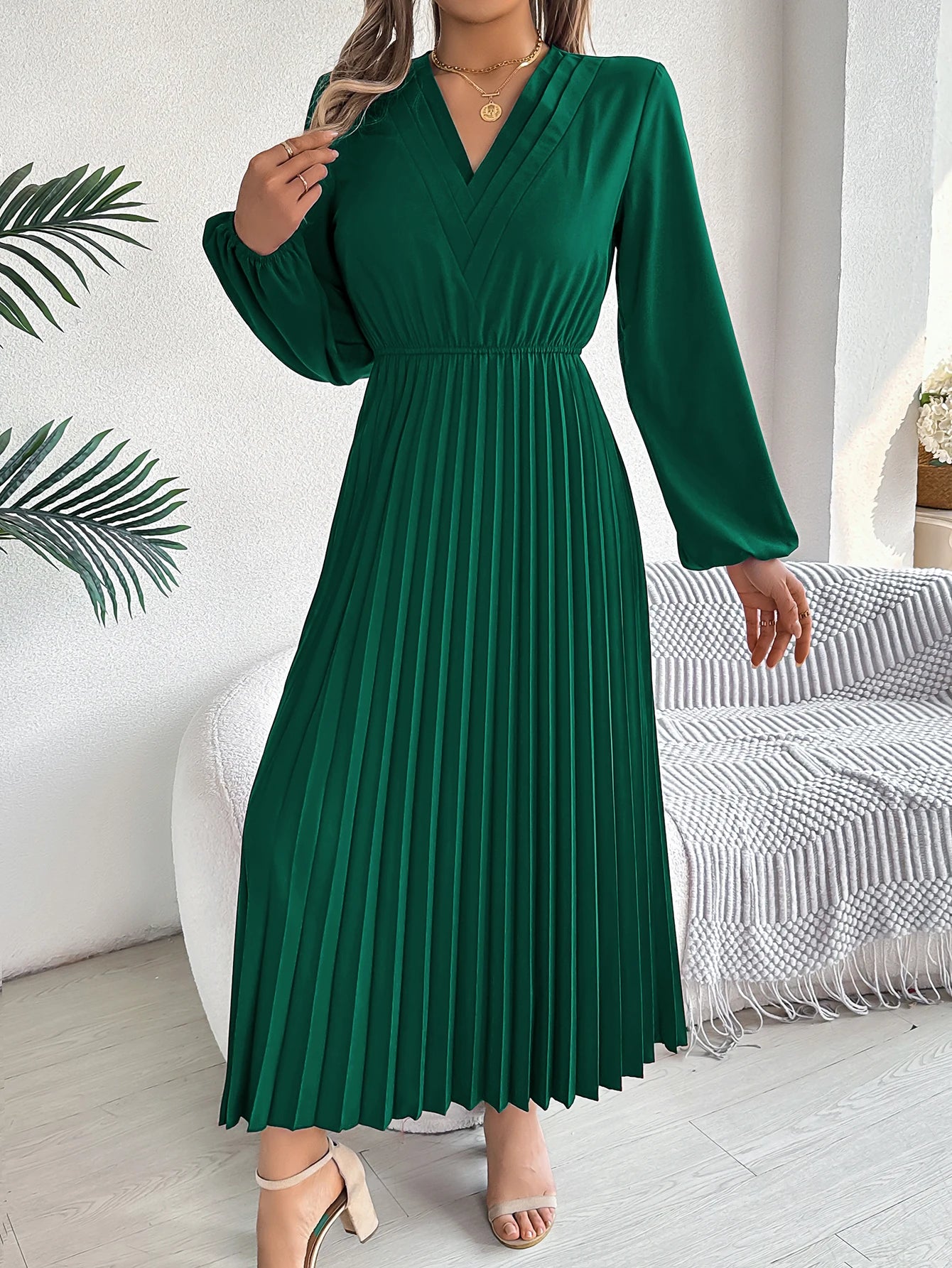 Women's Elegant V-Neck Pleated Maxi Dress - High Waist Autumn Winter Dress | The Tottos