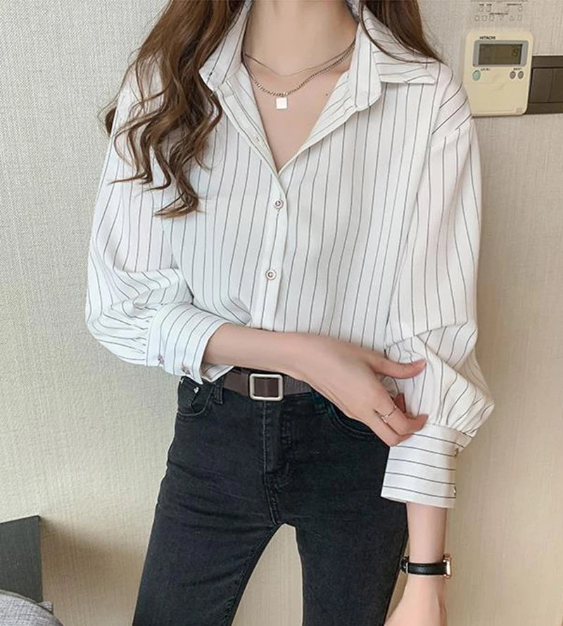Women's Classic Striped Button-Down Shirt - Long Sleeve Office Blouse
