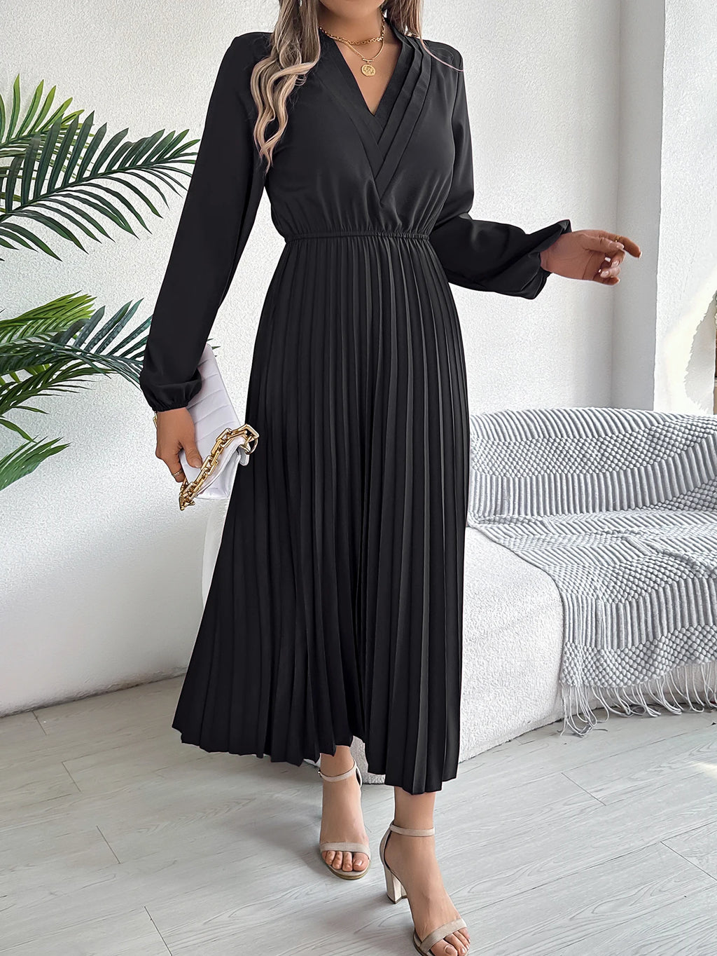 Women's Elegant V-Neck Pleated Maxi Dress - High Waist Autumn Winter Dress | The Tottos