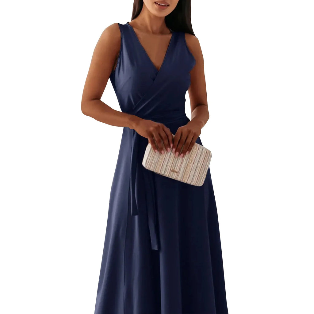 Elegant V-Neck Sleeveless Belted Evening Dress for Women – Solid Color Summer Maxi Dress