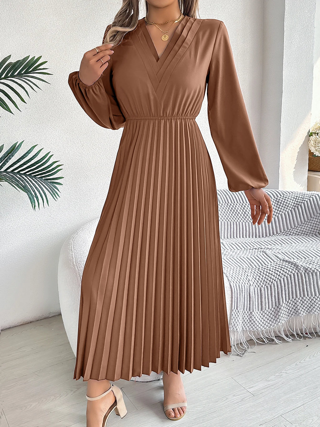 Women's Elegant V-Neck Pleated Maxi Dress - High Waist Autumn Winter Dress | The Tottos