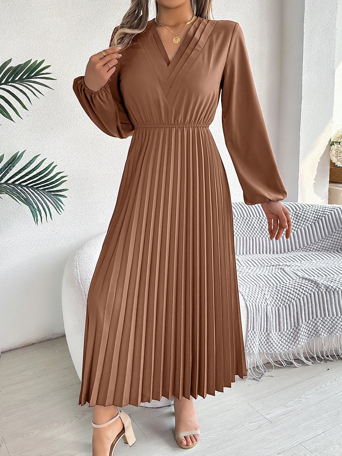 Women's Elegant V-Neck Pleated Maxi Dress - High Waist Autumn Winter Dress | The Tottos