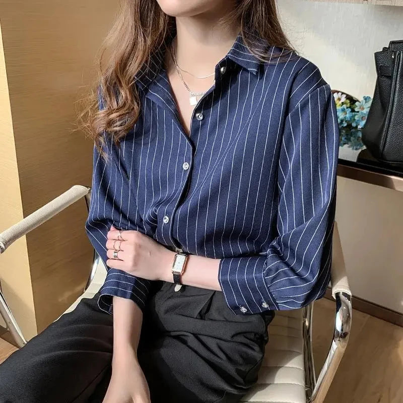 Women's Classic Striped Button-Down Shirt - Long Sleeve Office Blouse