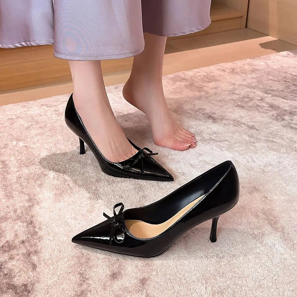 Women's Bow Tie Pointed Toe Heels - The Tottos Patent Leather Stiletto Pumps