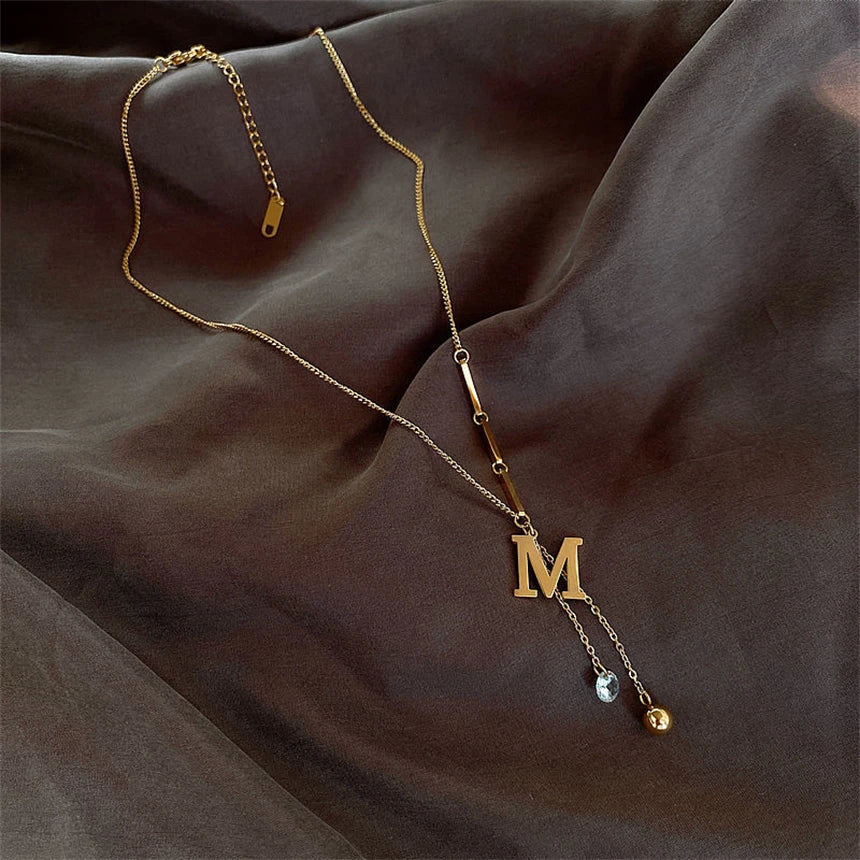 Letter M Zircon Tassel Necklace - Gold Stainless Steel Pendant