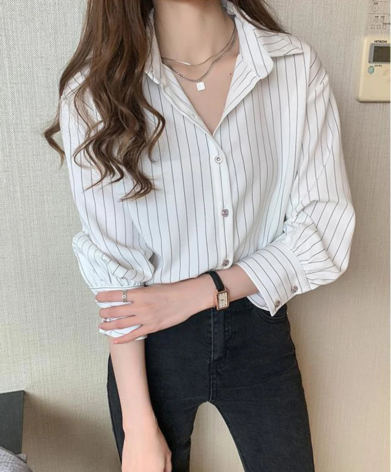 Women's Classic Striped Button-Down Shirt - Long Sleeve Office Blouse
