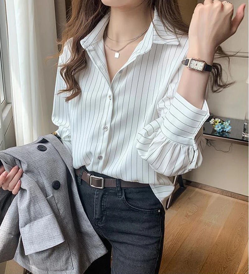 Women's Classic Striped Button-Down Shirt - Long Sleeve Office Blouse