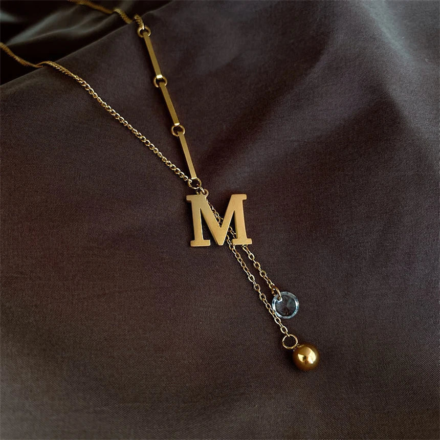 Letter M Zircon Tassel Necklace - Gold Stainless Steel Pendant