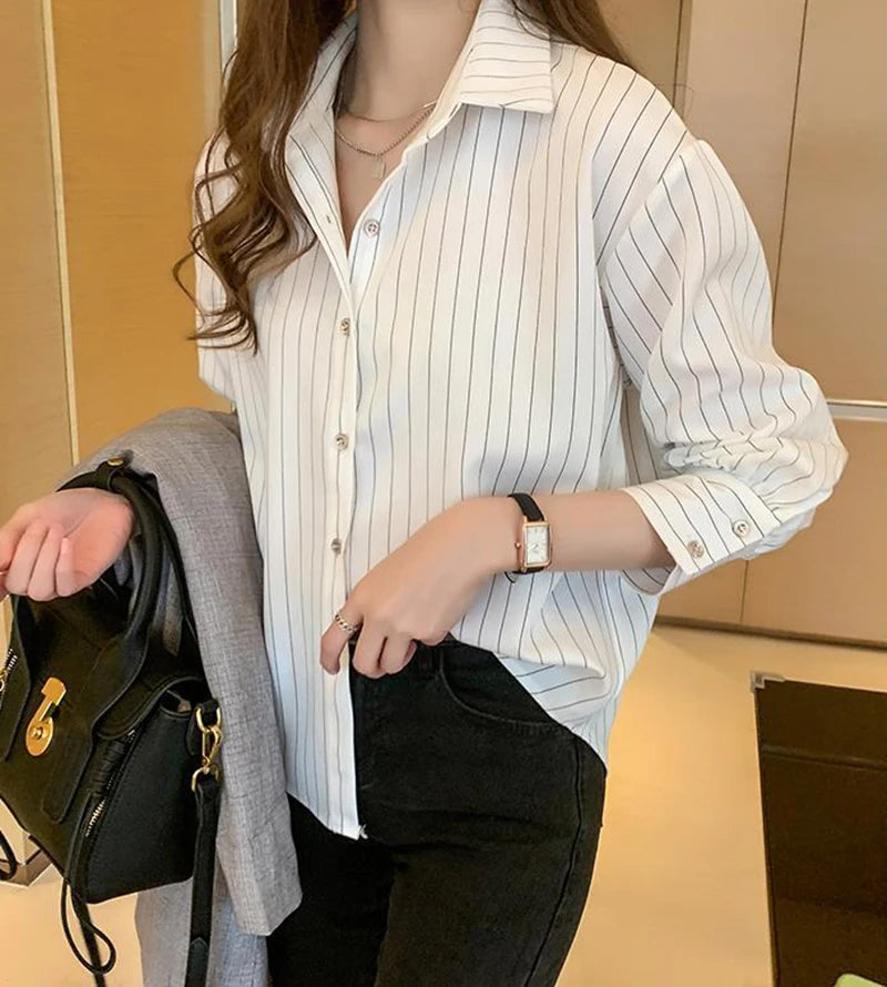 Women's Classic Striped Button-Down Shirt - Long Sleeve Office Blouse