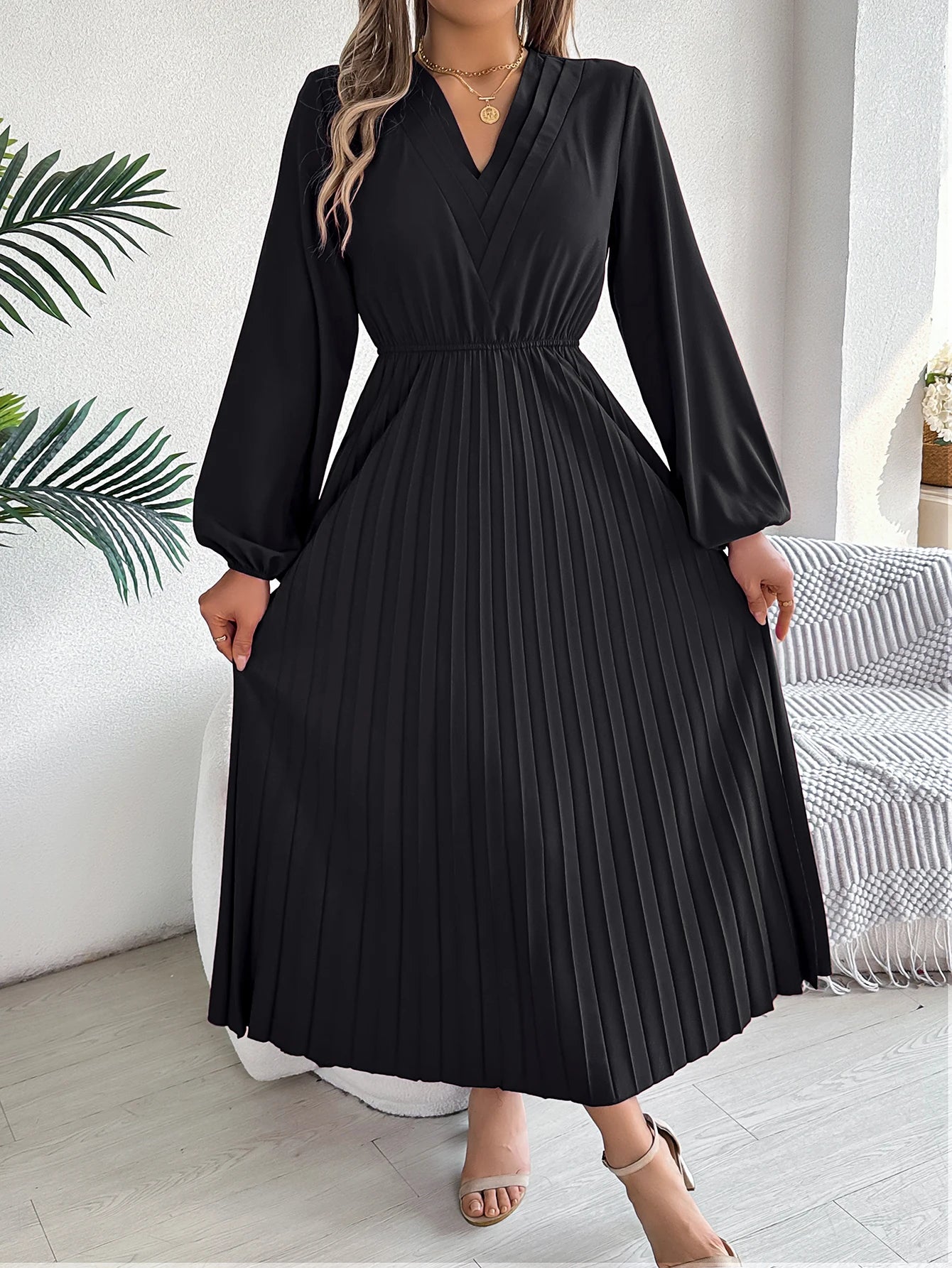Women's Elegant V-Neck Pleated Maxi Dress - High Waist Autumn Winter Dress | The Tottos