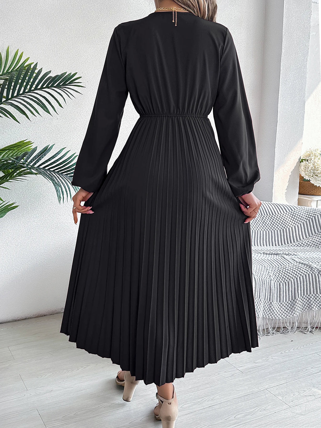 Women's Elegant V-Neck Pleated Maxi Dress - High Waist Autumn Winter Dress | The Tottos