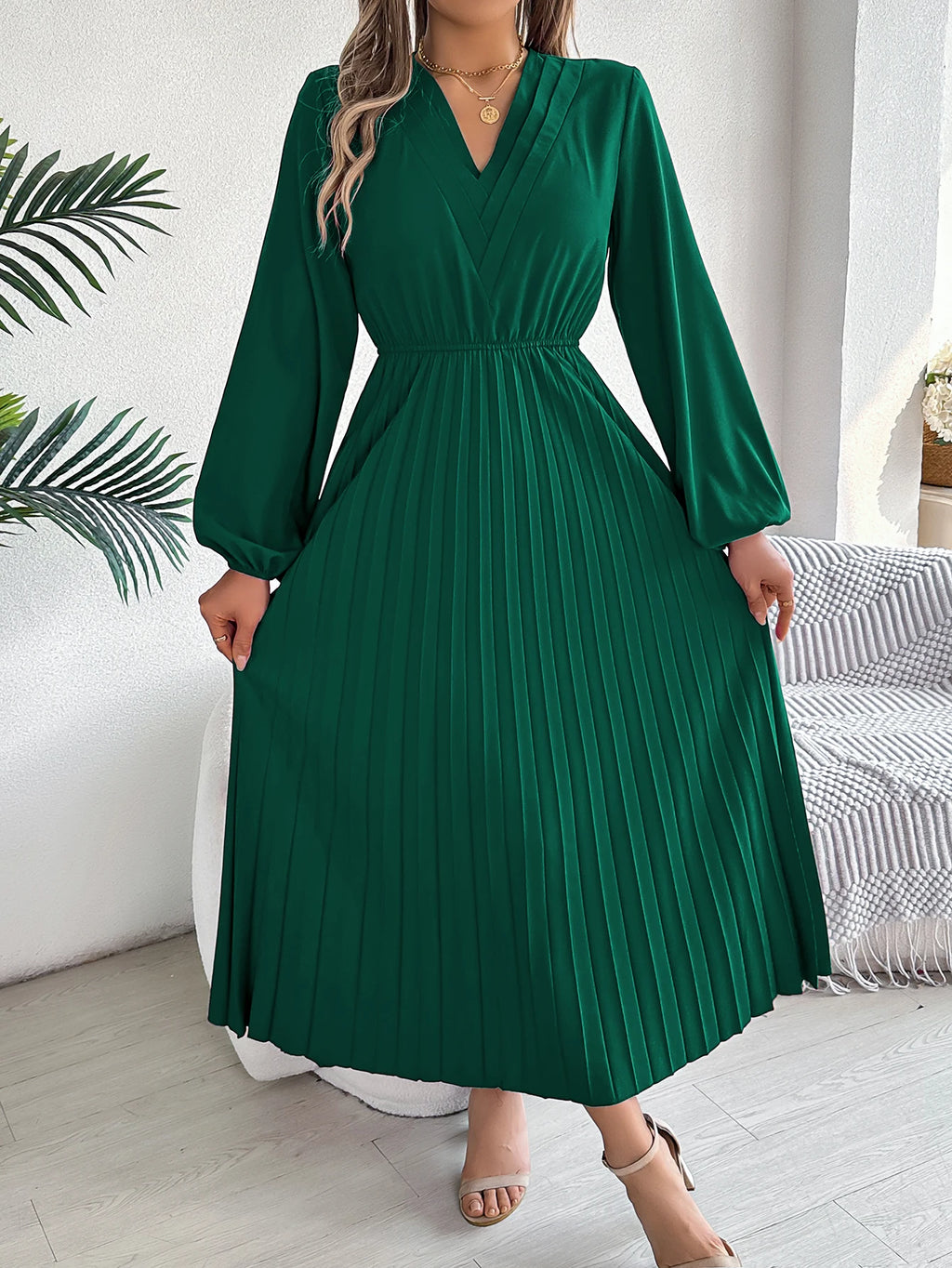 Women's Elegant V-Neck Pleated Maxi Dress - High Waist Autumn Winter Dress | The Tottos