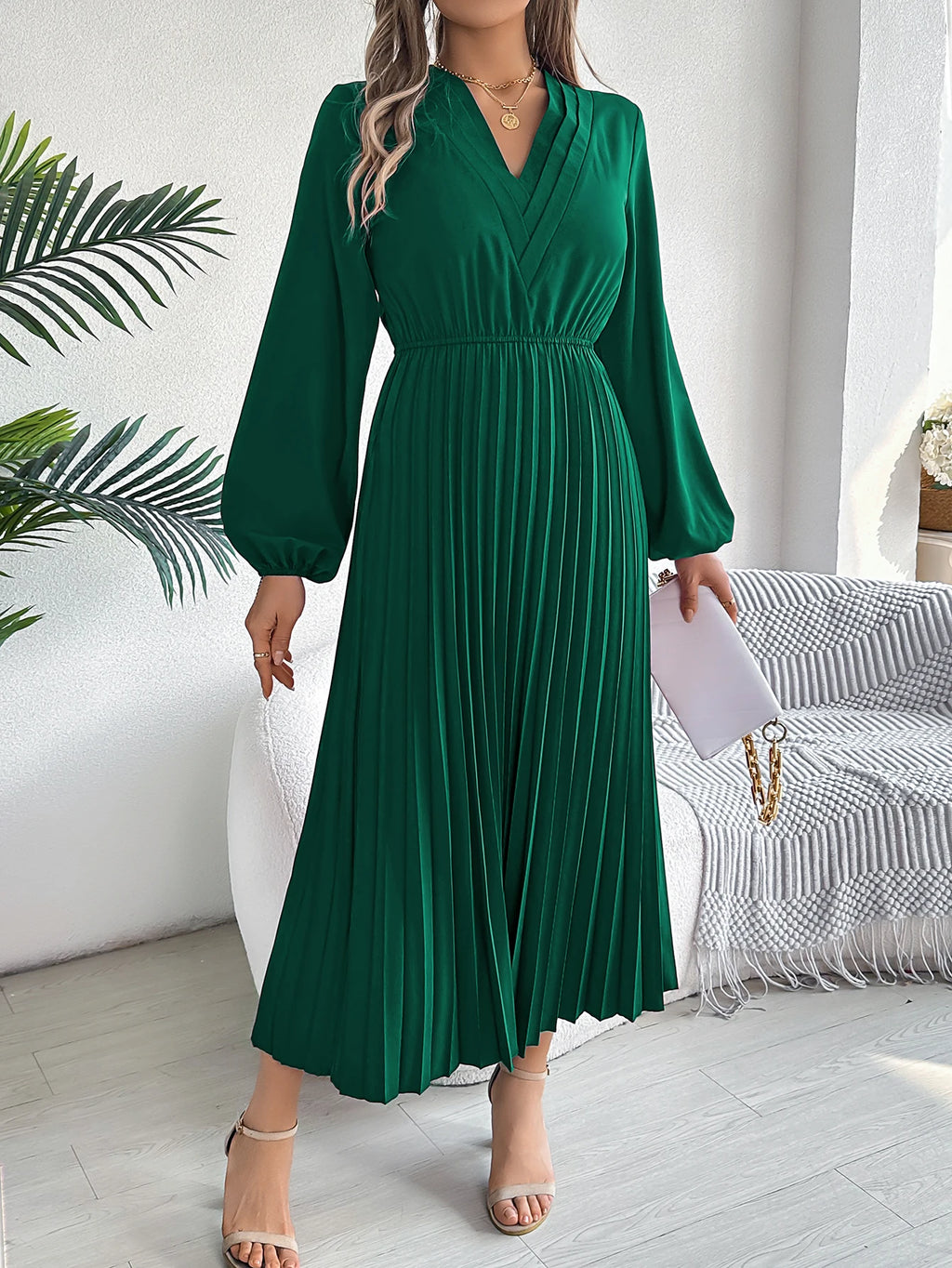 Women's Elegant V-Neck Pleated Maxi Dress - High Waist Autumn Winter Dress | The Tottos