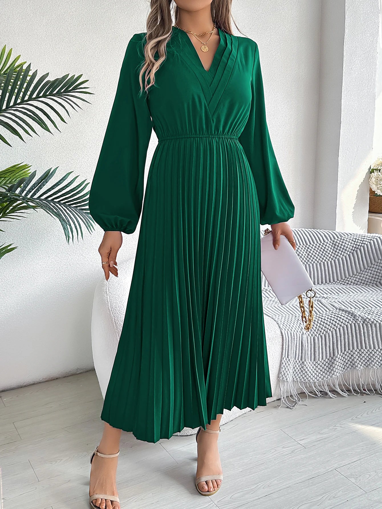 Women's Elegant V-Neck Pleated Maxi Dress - High Waist Autumn Winter Dress | The Tottos