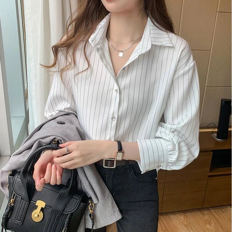 Women's Classic Striped Button-Down Shirt - Long Sleeve Office Blouse