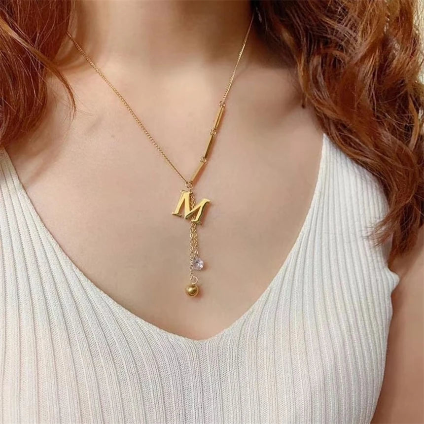 Letter M Zircon Tassel Necklace - Gold Stainless Steel Pendant