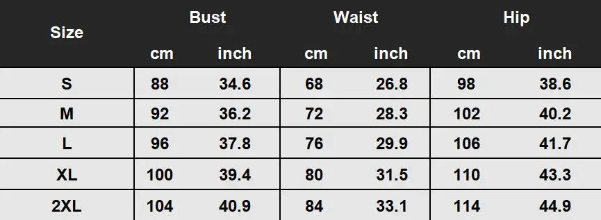 Size chart for bust, waist, and hip measurements in centimeters and inches.