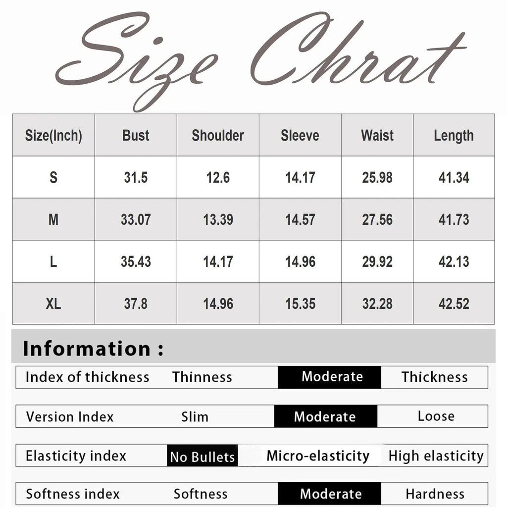 Size chart for clothing with measurements in inches