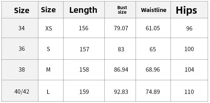 Table displaying clothing size chart with measurements for bust, waist, and hips.