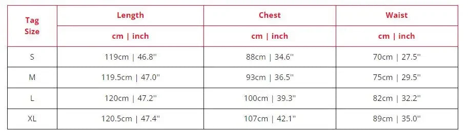 Table displaying clothing size chart with measurements for length, chest, and waist.
