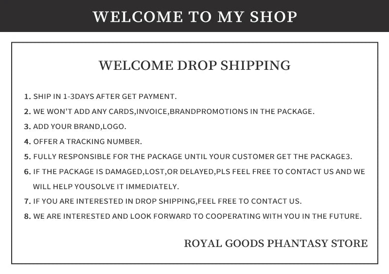 Text welcome message for dropshipping services from Royal Goods Phantasy Store.