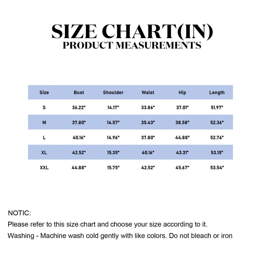 Size chart displaying women’s dress measurements with labeled sizes and dimensions – The Tottos