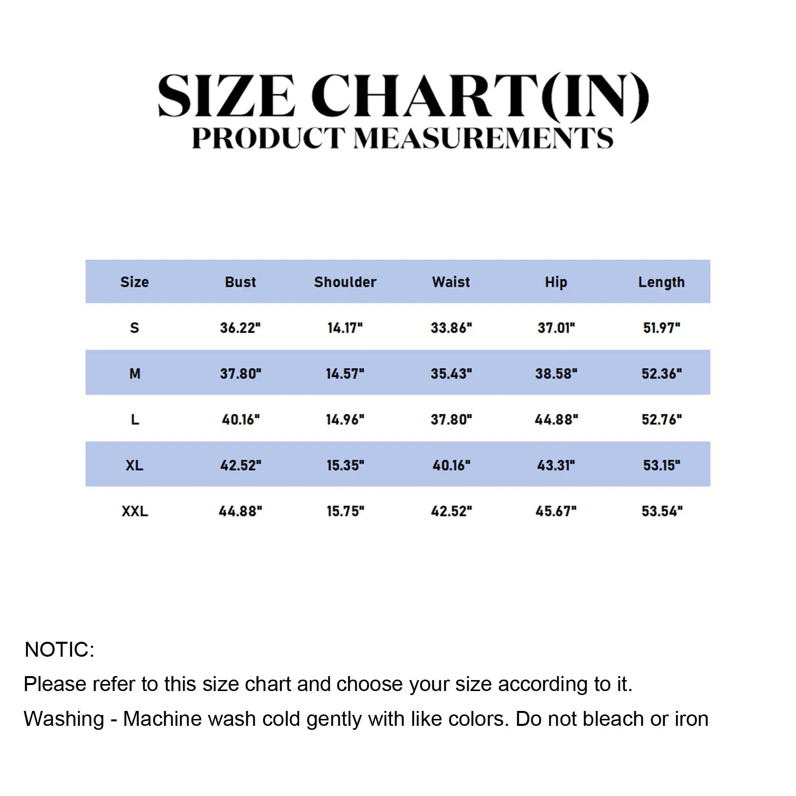 Size chart displaying women’s dress measurements with labeled sizes and dimensions – The Tottos